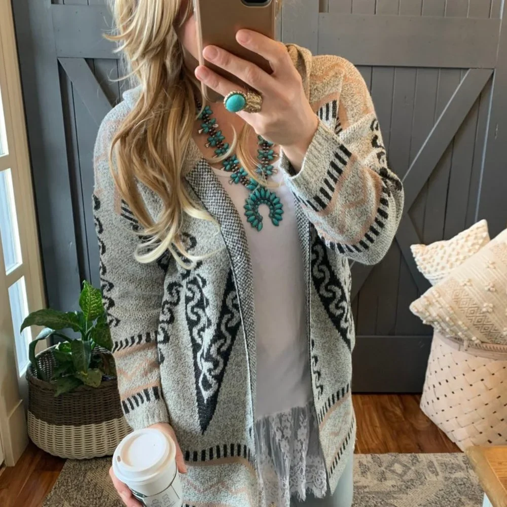 New Boho Tribal Western Cardigan Hooded Sweater - Picture 2 of 9